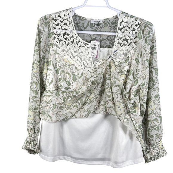 Rose Beverly NWT Womens XL Chiffon Lace Yoke Floral Lined Blouse Smocked Cuffs - Picture 3 of 15